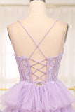 Elegant Lilac A Line Tulle Tiered Long Corset Prom Dress With Appliques