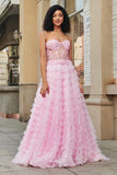 Pink A Line Sweetheart Pleated Tiered Long Prom Dress