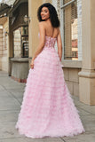 Pink A Line Sweetheart Pleated Tiered Long Prom Dress