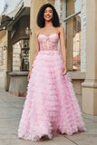 Pink A Line Sweetheart Pleated Tiered Long Prom Dress