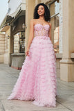 Pink A Line Sweetheart Pleated Tiered Long Prom Dress