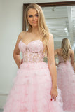 Princess Pink A Line Sweetheart Pleated Tiered Long Prom Dress