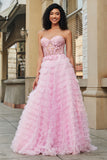 Pink A Line Sweetheart Pleated Tiered Long Prom Dress