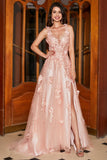 Blush A-Line Spaghetti Straps 3D Floral Long Prom Dress with Slit