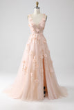 Blush A-Line Spaghetti Straps Long Appliqued Prom Dress with Slit