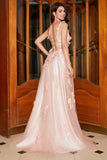Blush A-Line Spaghetti Straps 3D Floral Long Prom Dress with Slit