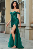 Dark Green Mermaid Off The Shoulder Applique Prom Dress with Slit