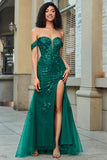 Dark Green Mermaid Off The Shoulder Applique Prom Dress with Slit