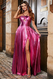 Sparkly Golden A-Line Spaghetti Straps Pleated Metallic Prom Dress with Side Slit