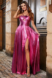 Sparkly Fuchsia A-Line Spaghetti Straps Pleated Metallic Prom Dress with Side Slit