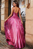 Sparkly Golden A-Line Spaghetti Straps Pleated Metallic Prom Dress with Side Slit