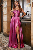 Sparkly Fuchsia A-Line Spaghetti Straps Pleated Metallic Prom Dress with Side Slit