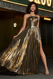 Sparkly Golden A-Line Spaghetti Straps Pleated Metallic Prom Dress with Side Slit
