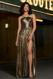 Sparkly Golden A-Line Spaghetti Straps Pleated Prom Dress with Side Slit