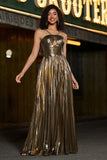 Sparkly Golden A-Line Spaghetti Straps Pleated Metallic Prom Dress with Side Slit