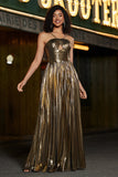 Sparkly Golden A-Line Spaghetti Straps Pleated Prom Dress with Side Slit