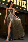 Sparkly Golden A-Line Spaghetti Straps Pleated Metallic Prom Dress with Side Slit