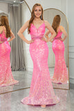 Sparkly Fuchsia Mermaid Spaghetti Straps Backless Long Prom Dress