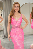 Sparkly Fuchsia Mermaid Spaghetti Straps Backless Long Prom Dress