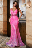 Glitter Fuchsia Mermaid Spaghetti Straps Sequin Prom Dress with Beading Waist