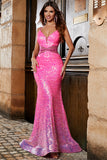 Glitter Fuchsia Mermaid Spaghetti Straps Sequin Prom Dress with Beading Waist