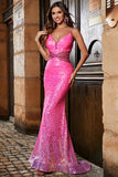 Hot Pink Mermaid Spaghetti Straps Glitter Prom Dress with Beading Waist