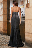 Glitter Black Mermaid Strapless Long Prom Dress with Slit