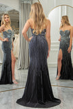 Black Mermaid Sweetheart Long Sparkly Beaded Prom Dress With Slit