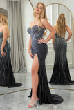 Black Mermaid Sweetheart Long Sparkly Beaded Prom Dress With Slit