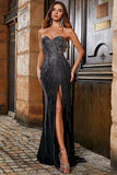 Black  Mermaid Strapless Glitter Long Prom Dress with Slit