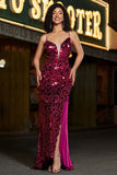 Fuchsia Mermaid Spaghetti Straps Glitter Sequins Long Prom Dress with Slit