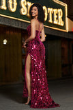 Fuchsia Mermaid Spaghetti Straps Glitter Sequins Long Prom Dress with Slit