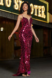 Fuchsia Mermaid Spaghetti Straps Glitter Sequins Long Prom Dress with Slit