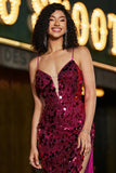 Fuchsia Mermaid Spaghetti Straps Glitter Sequins Long Prom Dress with Slit