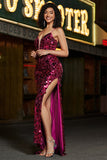 Fuchsia Mermaid Spaghetti Straps Glitter Sequins Long Prom Dress with Slit