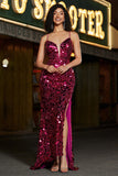 Fuchsia Mermaid Spaghetti Straps Glitter Sequins Long Prom Dress with Slit