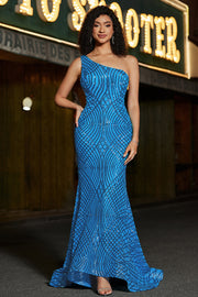 Glitter Blue Mermaid One Shoulder Sequins Long Prom Dress