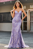 Sparkly Lilac Mermaid Spaghetti Straps Backless Long Prom Dress