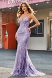 Sparkly Lilac Mermaid Spaghetti Straps Backless Long Prom Dress