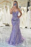 Lilac Mermaid Spaghetti Straps Glitter Sequins Long Prom Dress