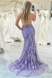 Lilac Mermaid Spaghetti Straps Glitter Sequins Long Prom Dress