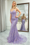 Lilac Mermaid Spaghetti Straps Glitter Sequins Long Prom Dress