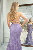Lilac Mermaid Spaghetti Straps Glitter Sequins Long Prom Dress