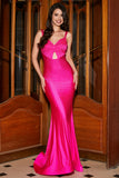 Sparkly Fuchsia Mermaid Spaghetti Straps Hollow-Out Long Prom Dress With Beading