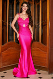 Sparkly Fuchsia Mermaid Spaghetti Straps Hollow-Out Long Prom Dress With Beading