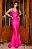 Sparkly Fuchsia Mermaid Spaghetti Straps Hollow-Out Long Prom Dress With Beading