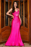 Sparkly Fuchsia Mermaid Spaghetti Straps Hollow-Out Long Prom Dress With Beading