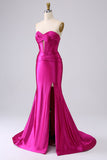 Sparkly Mermaid Sweetheart Corset Long Fuchsia Prom Dress with Slit