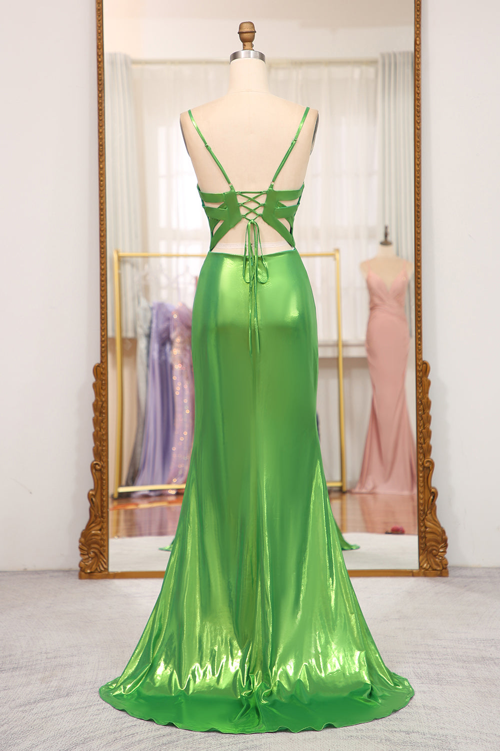 Bright Green Mermaid Spaghetti Straps Corset Long Prom Dress With Slit