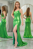 Sparkly Green Mermaid Spaghetti Straps Corset Long Prom Dress With Slit